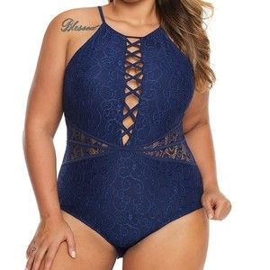 Blue Shamilar High-Neck One Piece Swimsuit PLUS SIZE